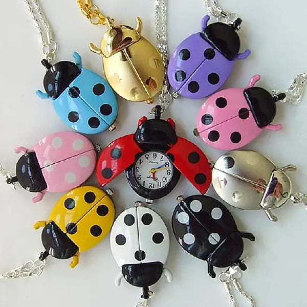 Free Drop Shipping Elegant Hot Popular Fashion Colorful Ladybug Fob Clock Necklace Pocket Pendant Dress Quartz Watch GL02