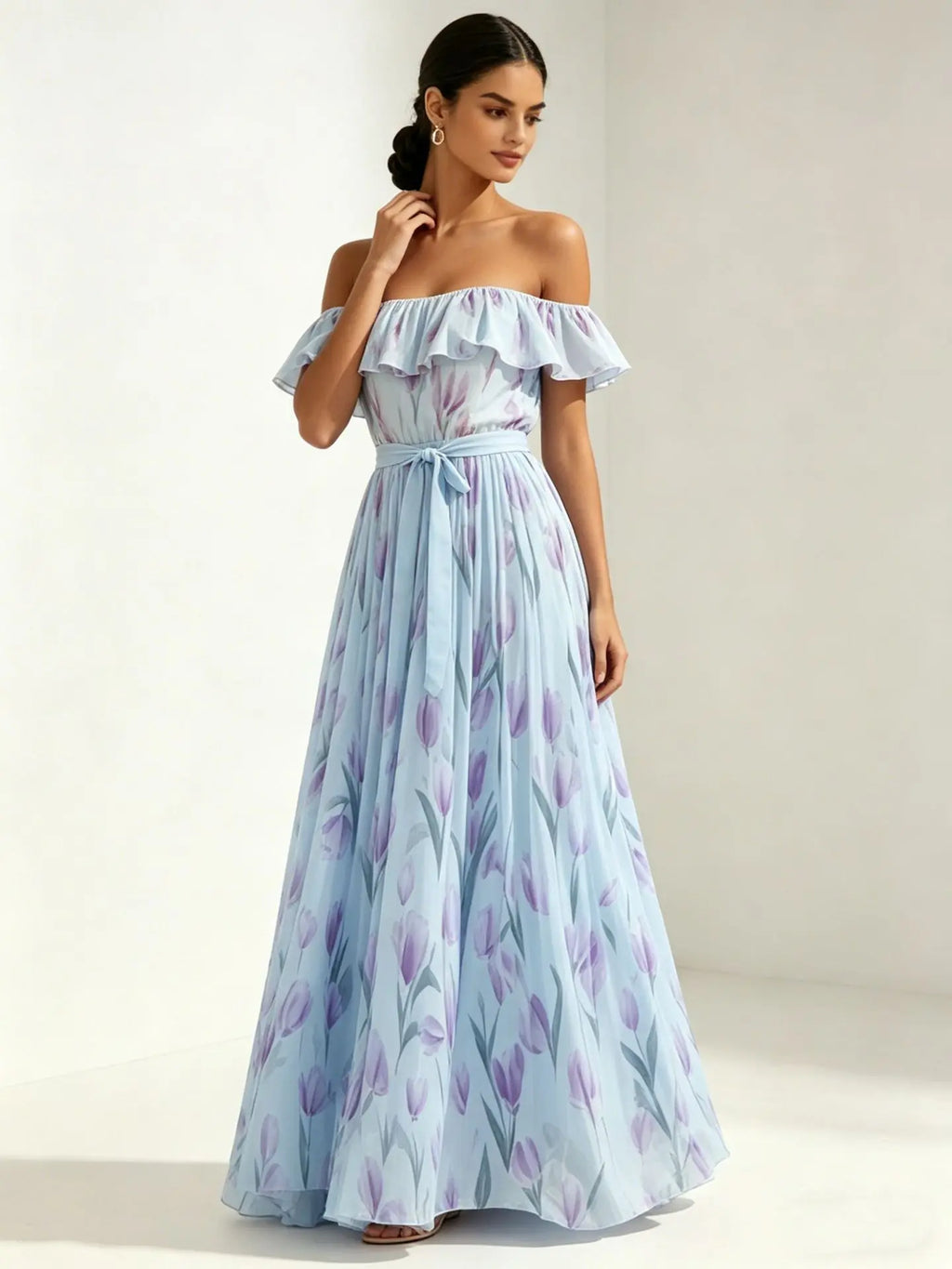 2026 summer off-the-shoulder tulip print plus size slimming square neck maxi dress