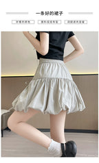 Sweet Bow Pleated Fluffy Skirts for Women Summer Korean Style Elastic Waist Lantern Skirt Woman Loose White A-Line Short Skirts