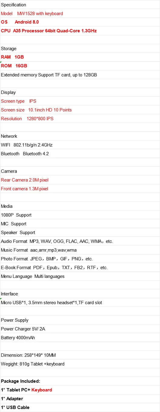 Android 8.0 Tablet PC A35 Processor 64 Bit Quad-Core 1.3GHz Dual Camera WIFI 10.1 Inch  1GB RAM 16GB ROM MW1528 with keyboard