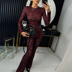 Women's Elegant Office Straight Pants Playsuit Sexy O Neck Lace Slim Club Jumpsuit Autumn Casual Long Sleeved High Waist Romper