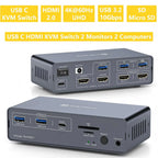 KVM Switch 2 Monitors 2 Computers Docking Station USB C+HDMI/DP Input,4K@60Hz/120Hz DisplayPort Dual Monitor for Laptop Desktop