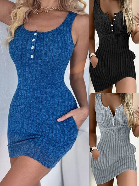 Button Front With Pocket Tank Dress  Elegant Sleeveless Bodycon Dress For Spring  Summer  Women's Clothing Main image