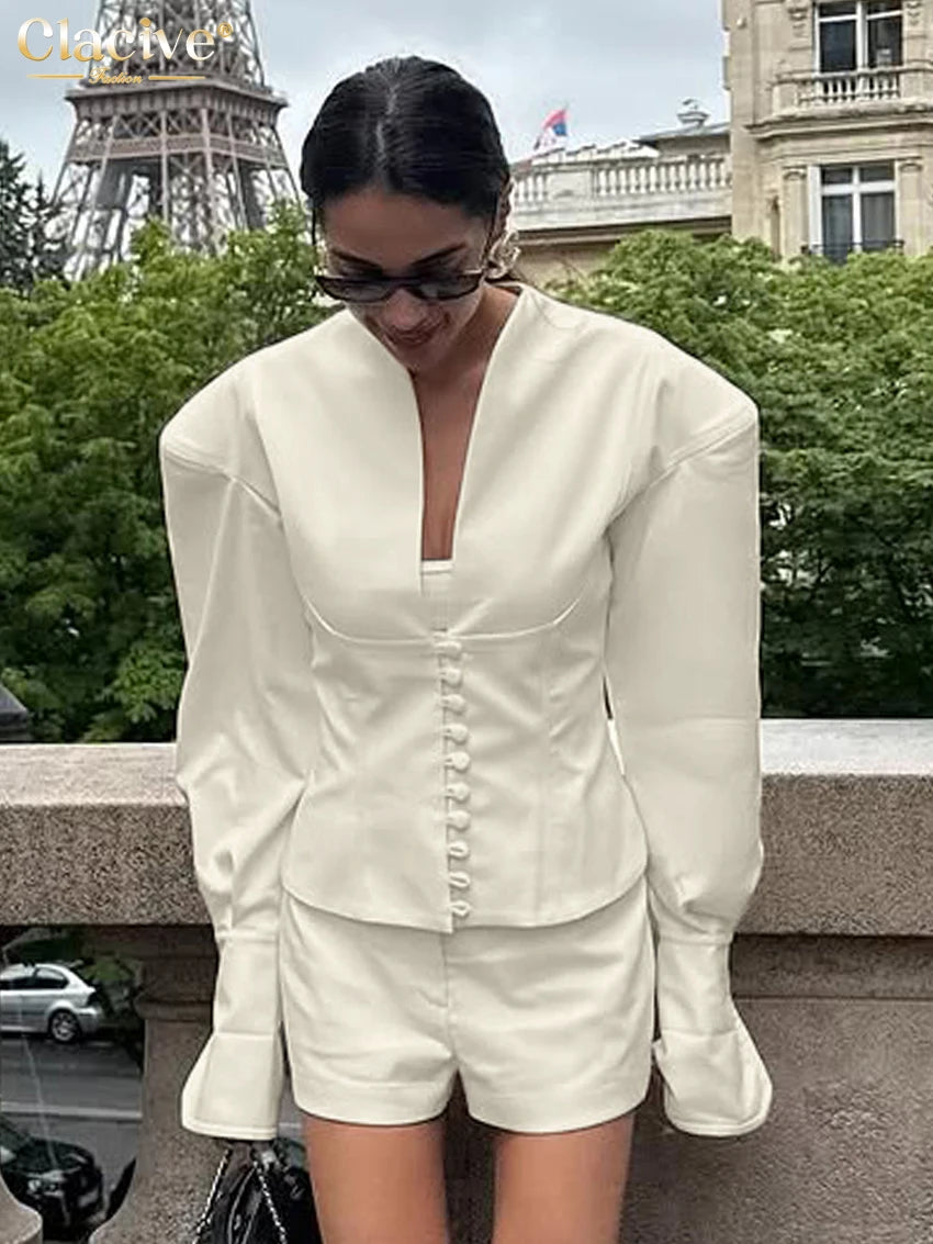 Clacive Fashion Loose Beige Women's Two Pieces Set 2025 Sexy Long Sleeve Shirt With High Waist Shorts Set Female Streetwear