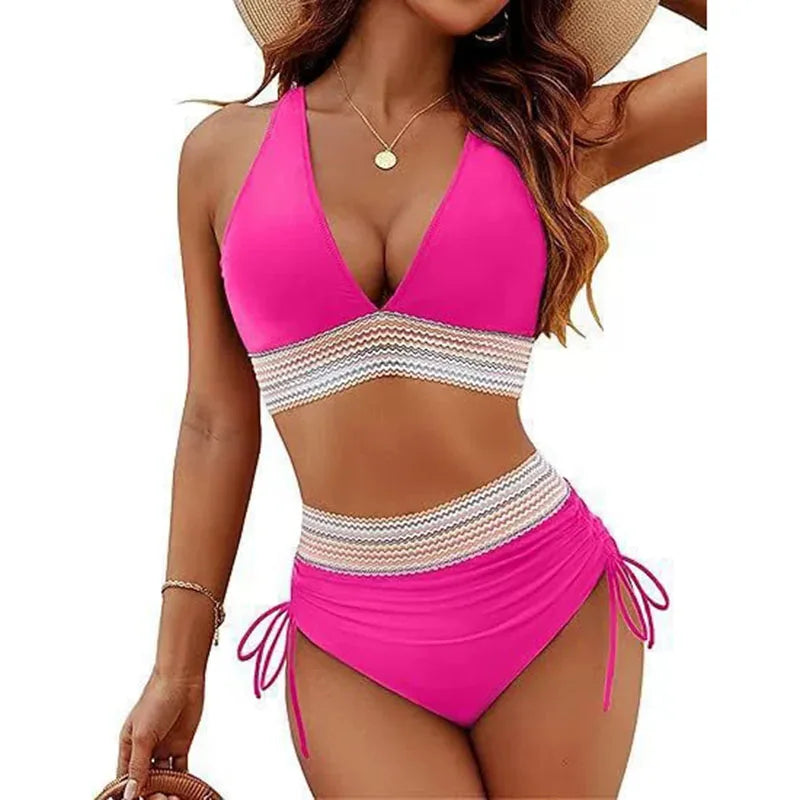 Sexy Deep V-Neck Bikini Swimsuit Set Women 2026 Summer Beach with Chest Cushion Swimwear High Waist Drawstring Triangle Bikini