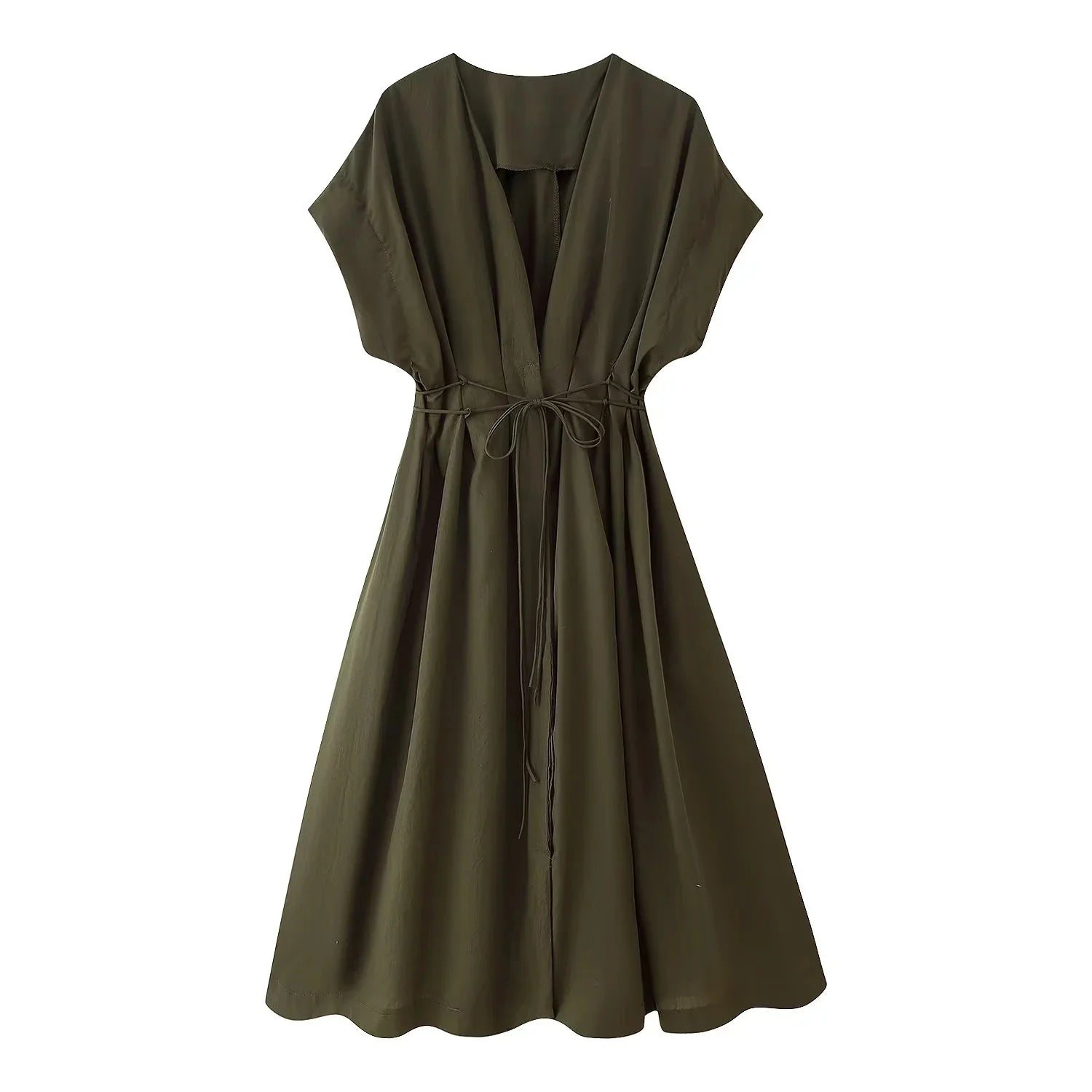 KONDALA 2026 Spring Summer Vintage Women Dress Fashion Single Breasted Sashes Draped V Neck Sleeveless Chic Brown Ladies Dresses
