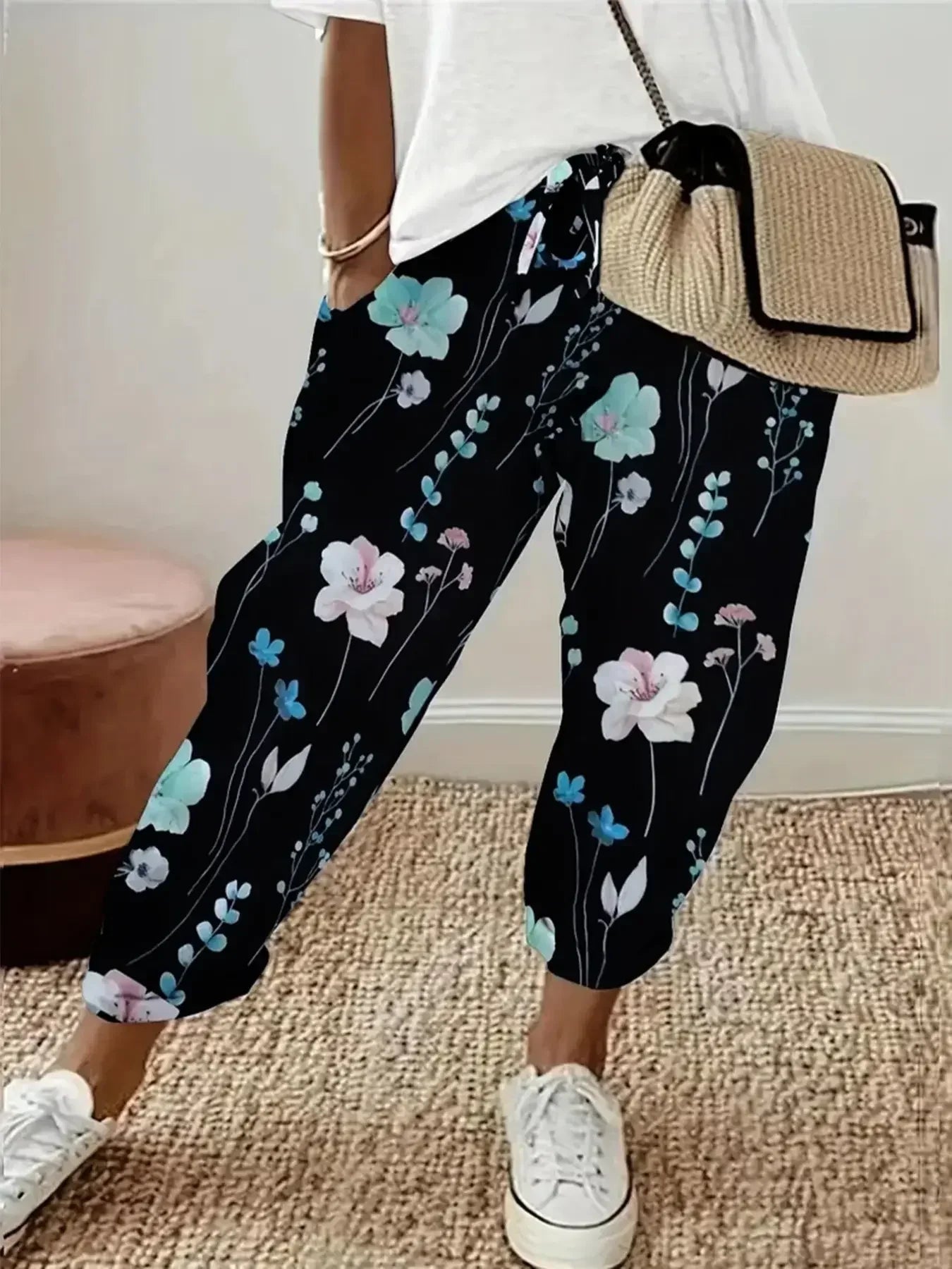 Plus Size 1XL-5XL Women's Fashion Floral Print Straight Elastic Drawstring Pocket Pants Ladise Casual Versatile Pants
