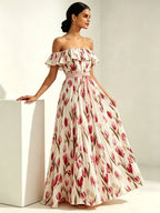 2026 summer off-the-shoulder tulip print plus size slimming square neck maxi dress