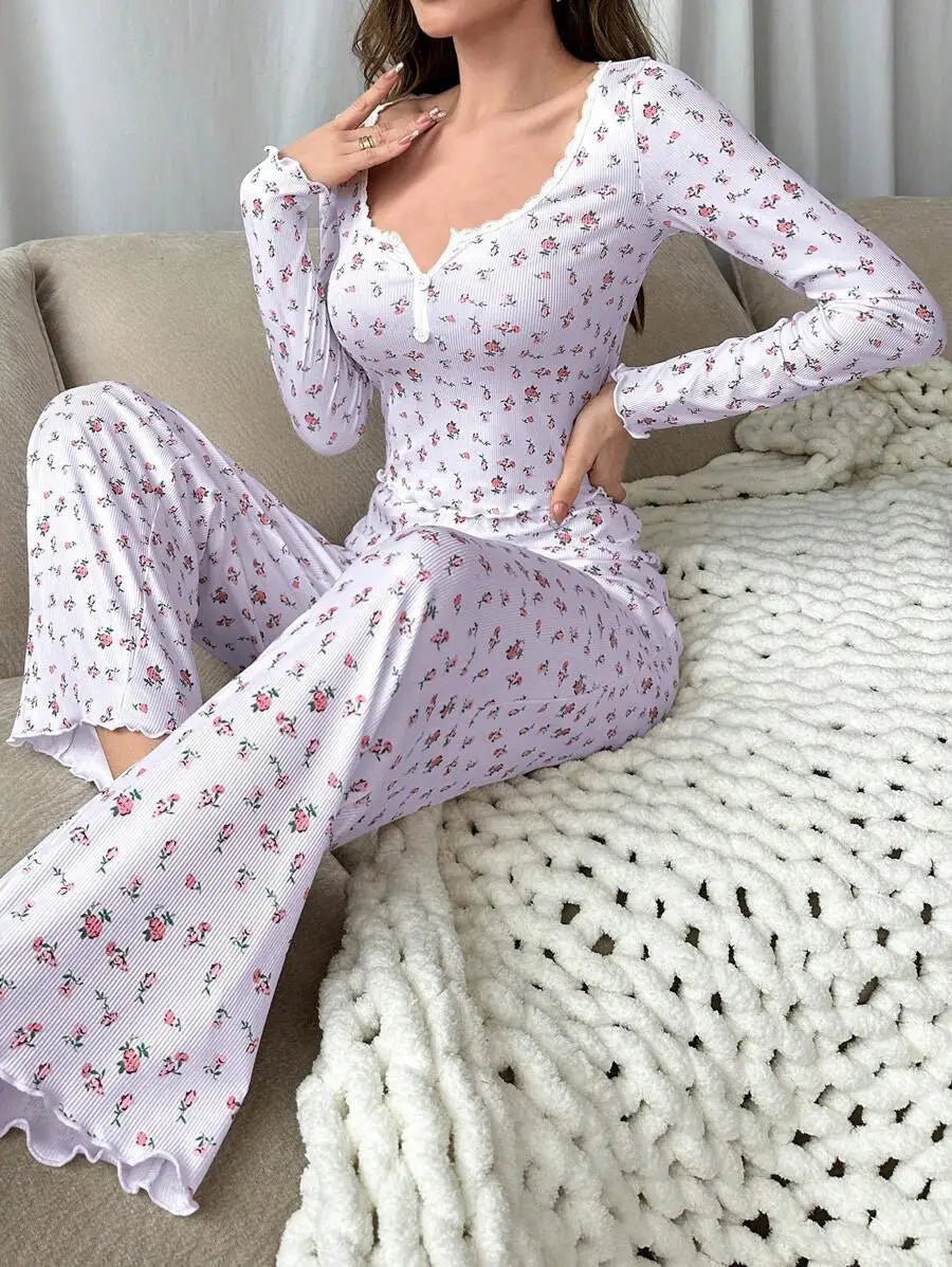Women's Pajama Set Lace Buttons Trims Sleepwear Slim Long-sleeved Trousers Floral Print Stylish sexy Loungewear Nightwear Pyjama
