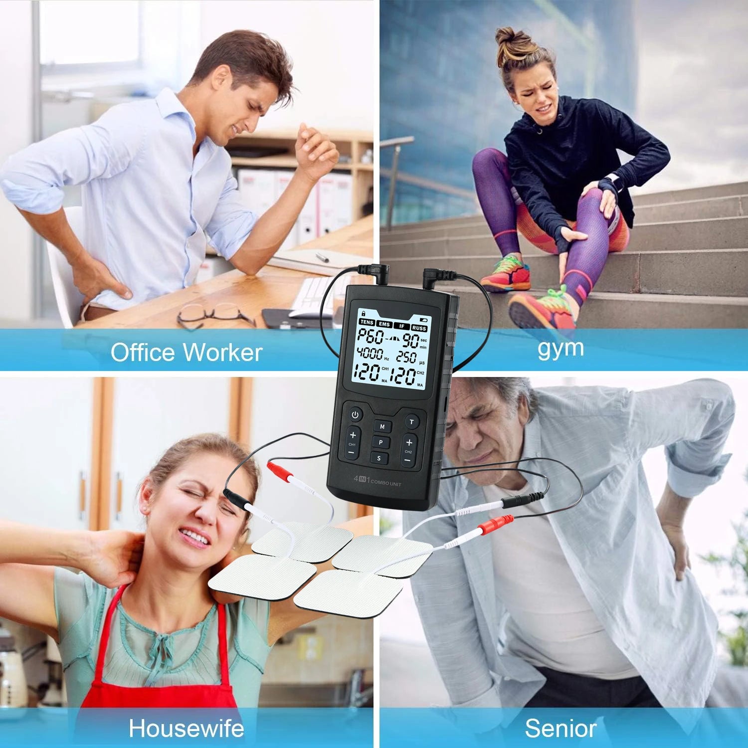 60 Massage Modes 4 In 1 Electric Muscle Stimulator Combo Physiotherapy Therapy 4000Hz EMS IFC RUSS TENS Pulse Electrostimulator