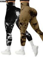 CZGUKE 2-piece women's tie dye pants sports leggings seamless high waisted push ups women's fitness and exercise clothes