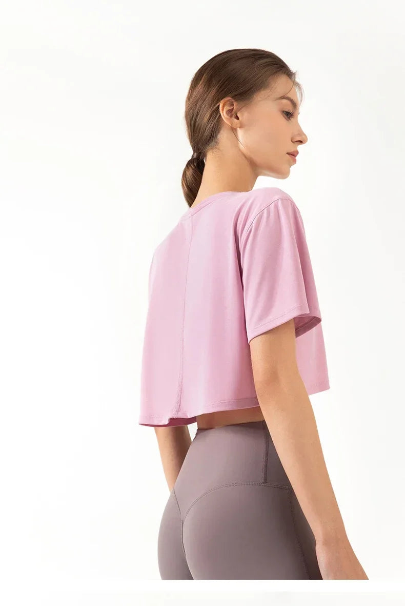 Women Yoga Tops Loose Running Exercise Sport Crop Top Ultralight Elastic Breathable Short Sleeve Gym Fitness Shirt