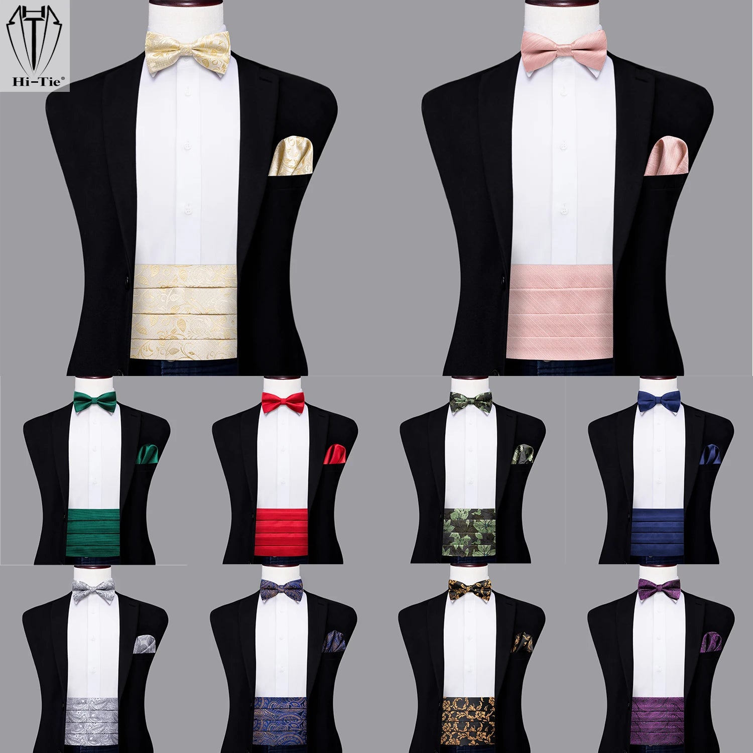 Hi-Tie Mens Cummerbunds Vintage Formal Jacquard Pailey Bowtie Hanky Cufflinks Cummerbund Belt Corset For Male Wedding Prom Main image