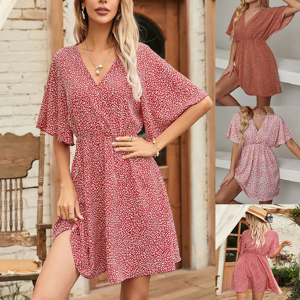 2024 Europe and the United States spring and summer new women's dress print V-neck short-sleeved casual loose dress women Main image