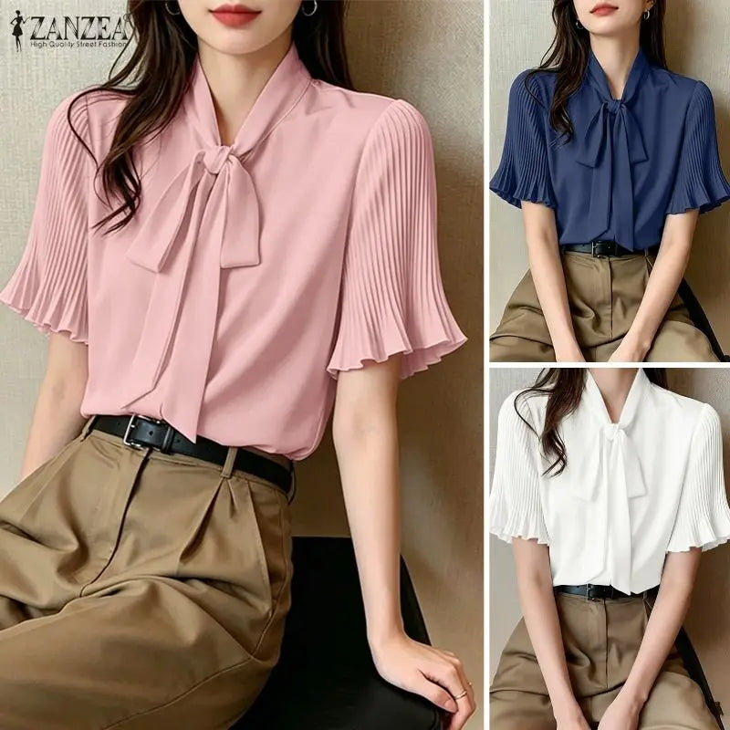 2026 ZANZEA Elegant Summer Blouse Women Stand Neck Short Sleeve Tops Stylish Solid OL Work Shirt Casual Lace-Up Holiday Tunic Main image