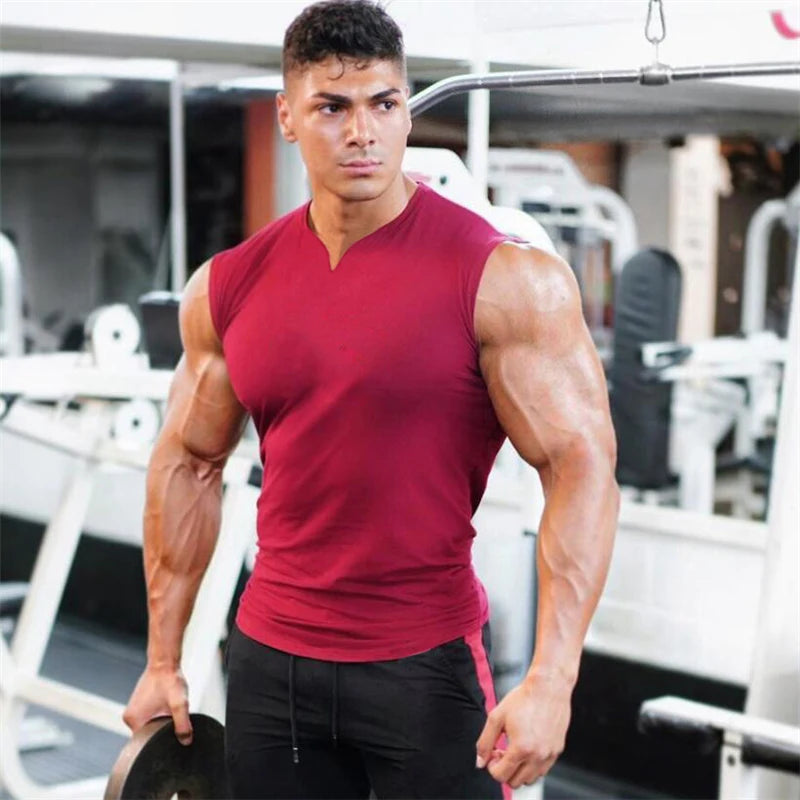 Summer Cotton Breathable V-neck Tank Tops Gym Workout Running Sport Sleeveless Shirt Mens Fitness Bodybuilding Muscle Clothing Main image