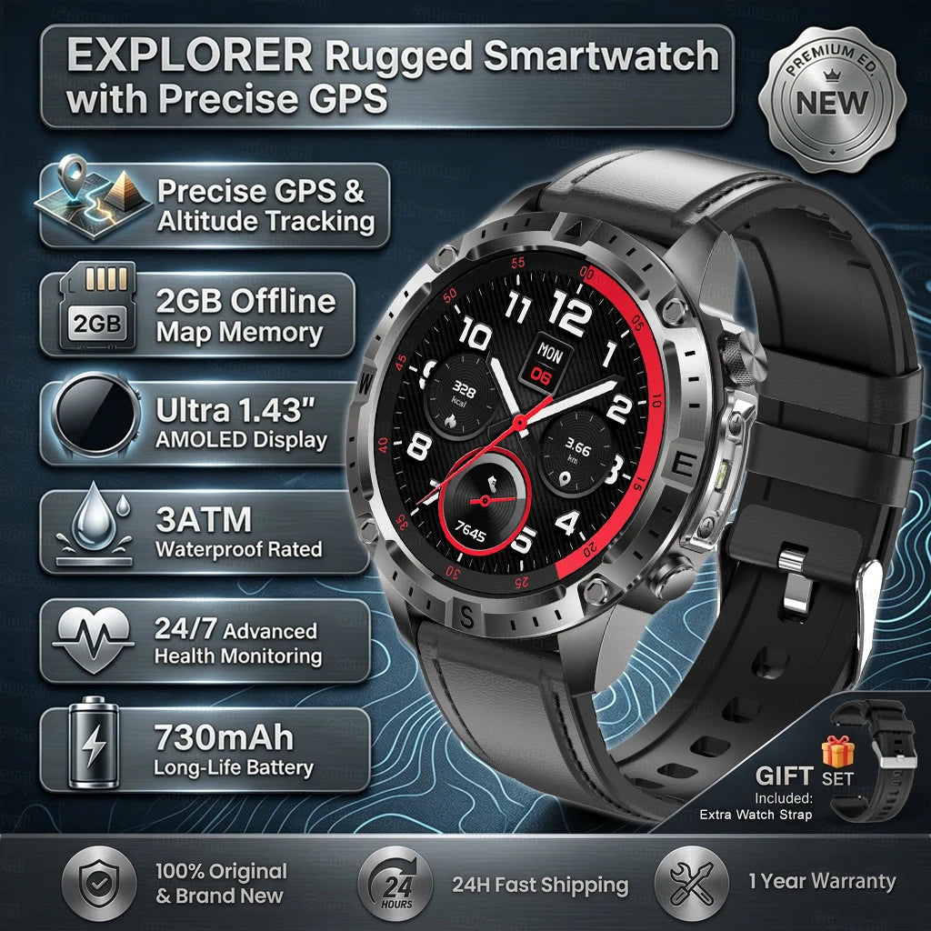 GPS Smart Watch for Men 2G ROM GPS Offline Maps Waterproof Swim Hiking Fitness Tracker Sleep SpO2 Rugged Durable Smartwatch GPS