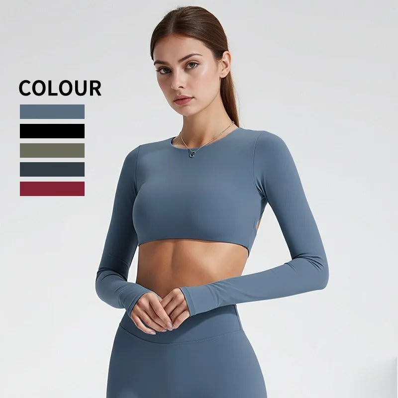NCLAGEN Sports Tops Gym Women Fitness T Shirt Long Sleeve Open Back Pilates Yoga Padded Crop Top Running Workout Fitness Blouse