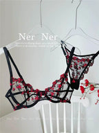 YUQI French Luxury Lingerie Set - Sexy Floral Embroidery Black Bra & Panty Set, Sheer Transparent Seductive Women's Intimates