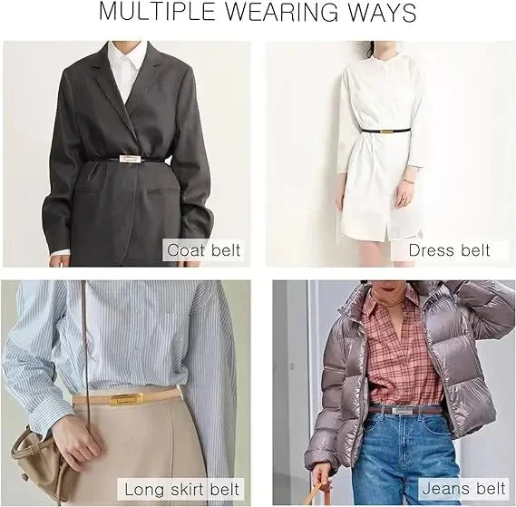 Adjustable Women’s Skinny Thin Belt, Classic Solid Color Genuine Leather Waistband for Trendy Coats and Dresses
