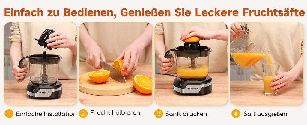 Aigostar Electric Citrus Juicer, 1.2L Large Capacity Juicer with LED Work Light and 2 Removable Cones, Lemon Squeezer for Orange