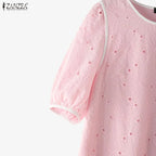ZANZEA Summer Women's Openwork Embroidered Dresses O-Neck Half Puff Sleeve Contrast-Trim Knee-Length Dress Casual A-Line Robes