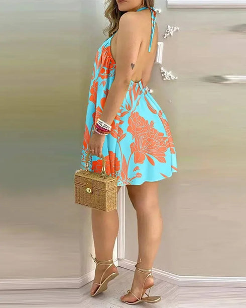 Floral Print Halter Neck Dress Boho Backless Halter Dress For Spring  Summer Women's Clothing