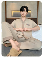 Men's Japanese Kimono Casual Fashion Solid Color Cardigan Loose Summer Short-Sleeved Pajamas with long pants Home Comfort Wear
