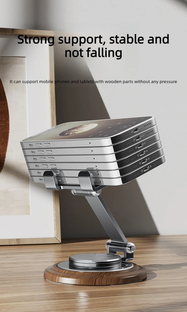 Black Walnut Wood Base Phone Holder Metal Stand 720° Rotating Foldable Desktop Stand Easy Storage for Mobile Phone Tablet Holder