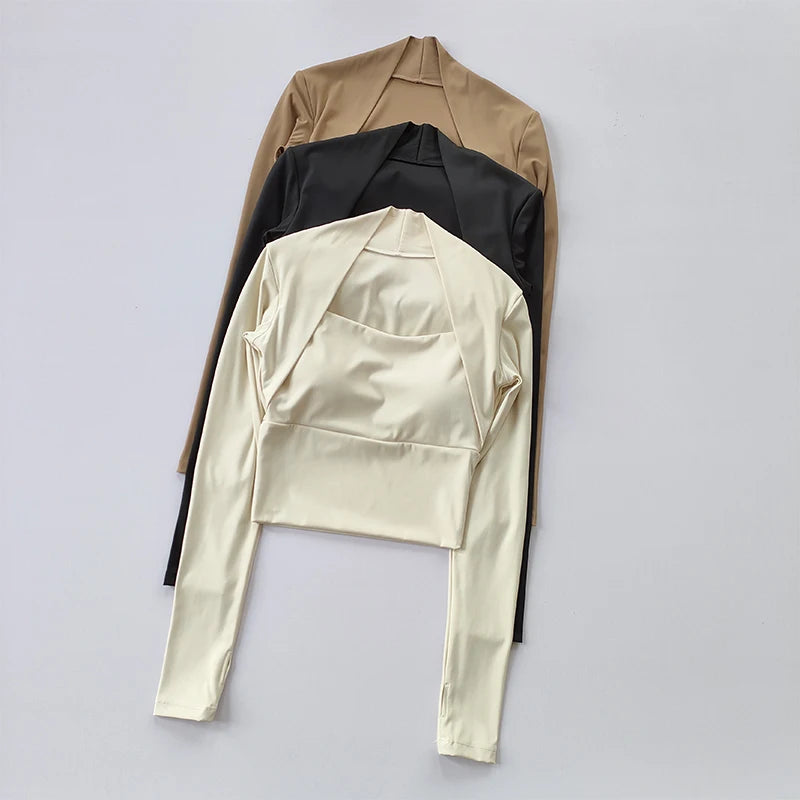 Fitness Chest Cushion Sports Top Women Long Sleeve Shirts Pra Speed Up Short Elegant Dance Yoga Clothes Small Waistband Gym Main image