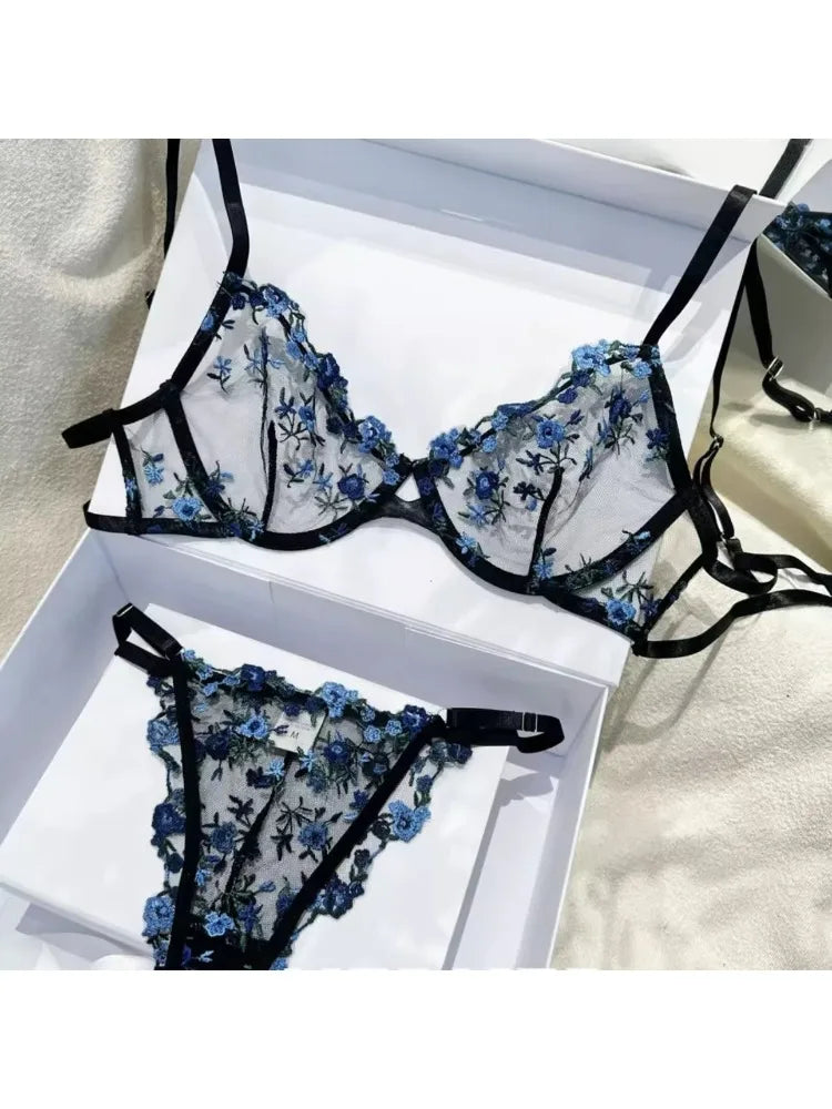 YUQI French Luxury Lingerie Set - Sexy Floral Embroidery Black Bra & Panty Set, Sheer Transparent Seductive Women's Intimates