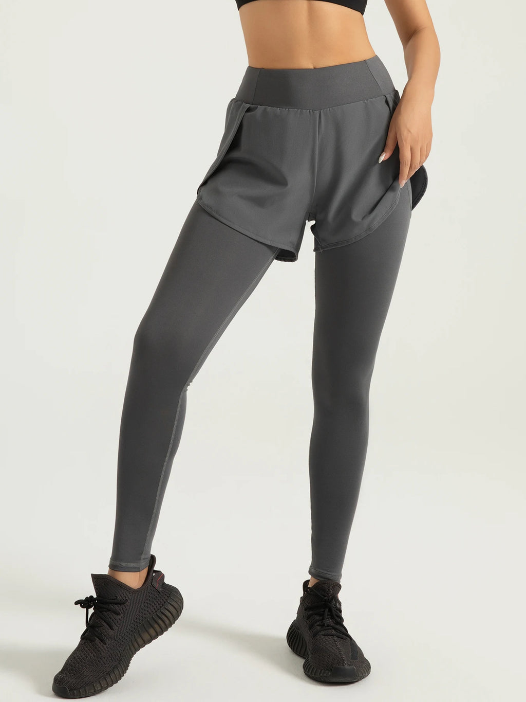 Fake Two-piece Compression Sports Leggings For Women, 2-in-1 High Waist Moisture-wicking Yoga Leggings, Women's Activewar