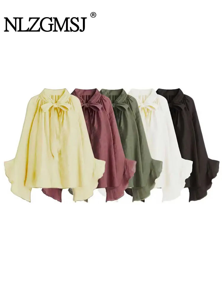 NLZGMSJ Bow DecorationLoose Long Sleeved Blouses For Women New Fashion Ruffle Edge Shirts and Blouses Woman Top Main image