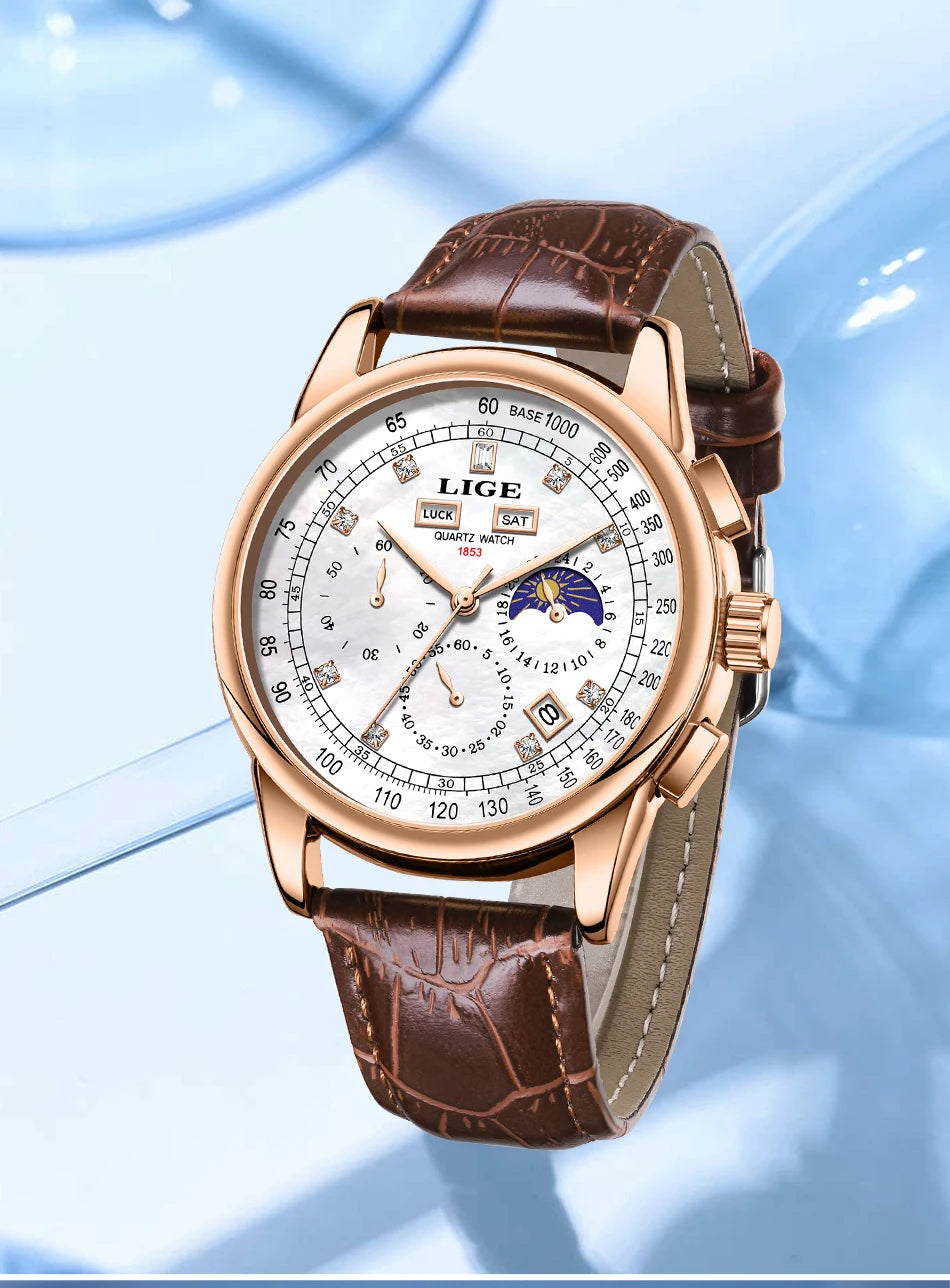 LIGE Retro Elegant Quartz Women's Wristwatches Simple Diamond Dial Fashion Casual Outdoor Date Waterproof Moon Phase Woman Watch