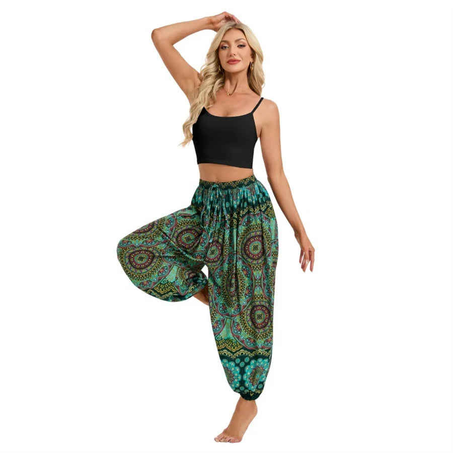 Women's Boho Wide Leg Harem Pants Adult High Waist Yoga Loose Lantern Pants Breathable Beach Trousers Vacation Printed Jagger