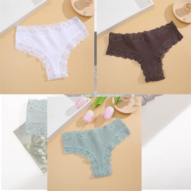 FINETOO 3Pcs Women Cotton Underwear Panties Sexy Lace Brazilian Briefs Low Waist Floral Solid Color G-string Breathable Lingerie