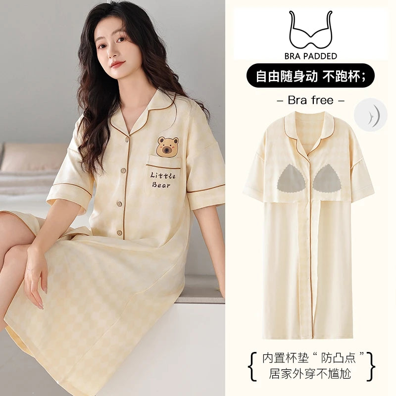 SUKAE Midi Nightdress M-5XL V-neck Bra Padded Botton Sleepshirt Plus Size Cotton Nightgowns Summer Women Short Sleeves Nightgown