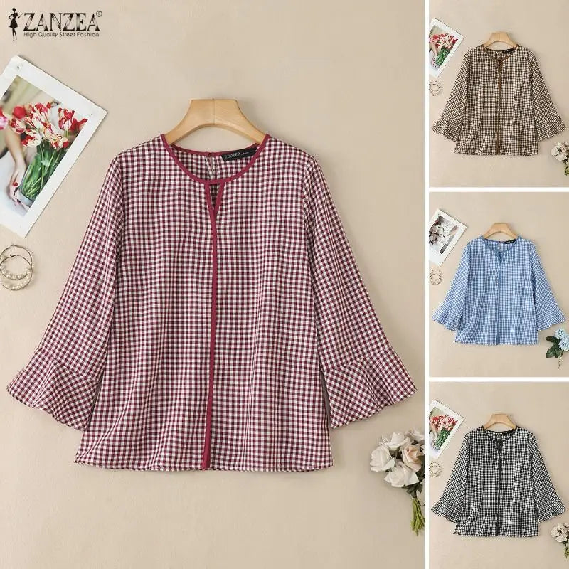 ZANZEA Women Summer Plaid Patchwork Blouse 3/4 Flare Sleeve Cut Out Tops Casual Loose Shirt Retro Chemise Female Work Blusas Main image