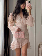 Pink Floral V-neck Mini Dress Waist-cinching Bell Sleeve Chiffon Skirt Commuting And Dating Women's Casual Daily Dresses 2026