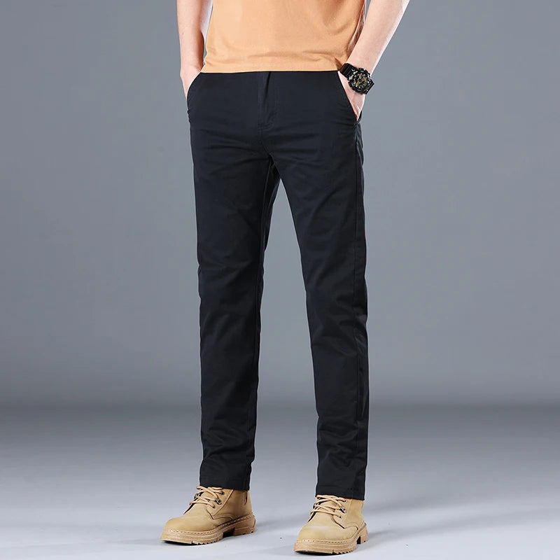 2024 Men's High Quality Pure Cotton Classic Solid Color Casual Pants Business Stretch Cotton Slim Straight Brand Trousers Male