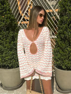 Sexy Boho Striped Chic V-neck Cut Out Bell Sleeve Knit Beach Mini Dress 2026 Summer Women Seaside Holiday Swimsuit Cover Up K123