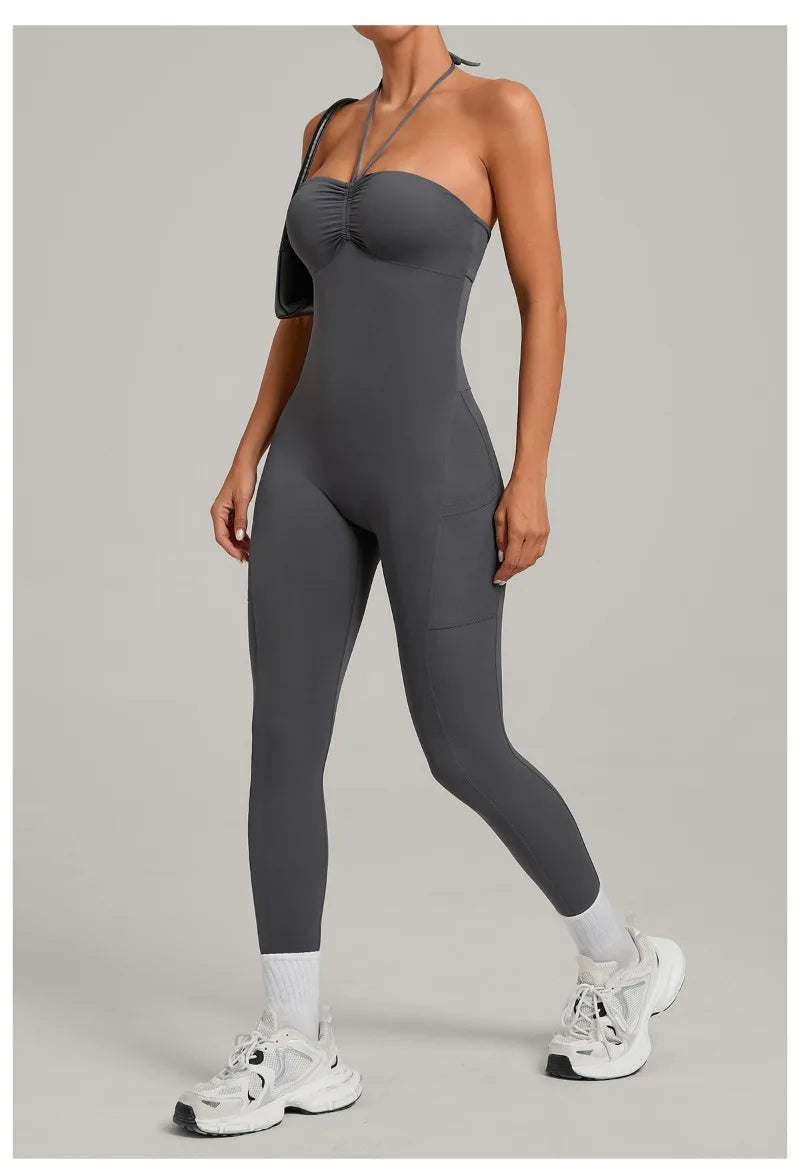 Women's Yoga Jumpsuits Sports Fitness One-piece Beauty Back Strap Pocket Hip-lifting Slim Fit Running Workout Training Bodysuits