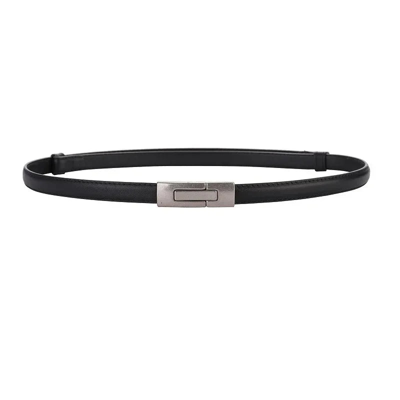Adjustable Women’s Skinny Thin Belt, Classic Solid Color Genuine Leather Waistband for Trendy Coats and Dresses