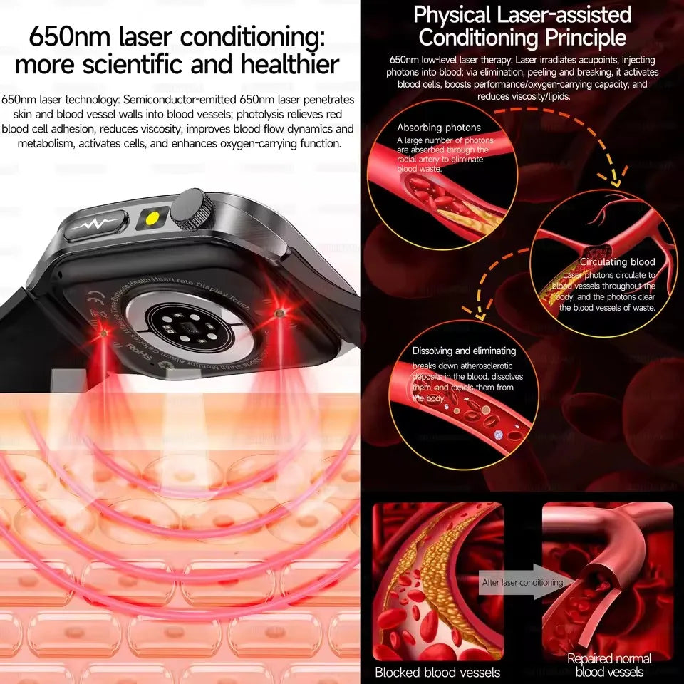 2026 New Health Smart Watch Laser Therapy Reduce Three Highs Blood Oxygen Pressure Uric Acid Blood Lipid ECG Smartwatch For Man Secondary image