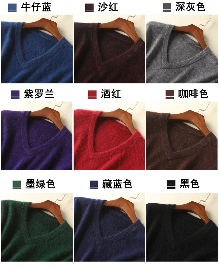 LHZSYY Men's 100% Mink Cashmere Large Size Sweaters Autumn Winter Solid V-neck Casual Knit Pullovers Men Long Sleeve Warm Jumper
