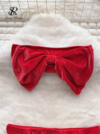 SINGREINY Christmas Erotic Lingerie Suits Ladies Strapless Bodycon Short Sleepwear Fashion Velvet Bow Sensual Underwear Sets