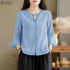 ZANZEA Women Summer Plaid Patchwork Blouse 3/4 Flare Sleeve Cut Out Tops Casual Loose Shirt Retro Chemise Female Work Blusas
