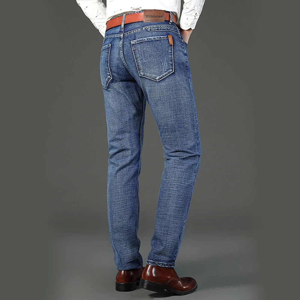 Wthinlee Business Men Jeans Casual Straight Stretch Fashion Classic Blue Black Work Denim Trousers Spring Summer Brand Clothing