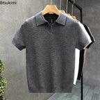 2026 Men's Summer Polo Shirt Korean Style Slim Wrinkle Resistant Collar Solid Color T-Shirts Casual Thin Sleeve Trendy Knit Tops
