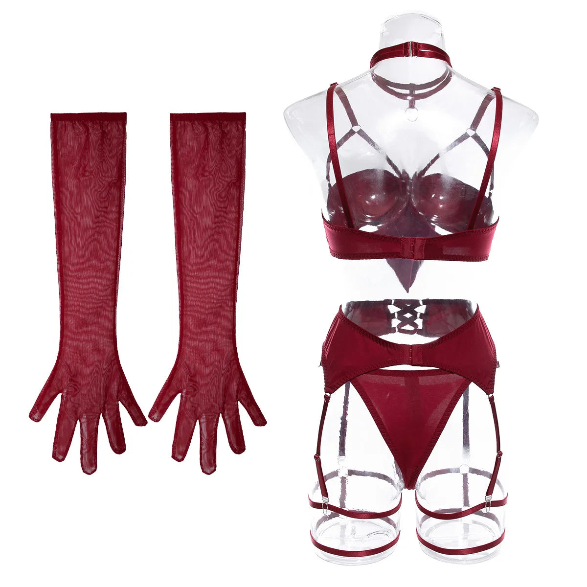 Sexy Hollow Out Bow Decor Lingerie Set Women Solid Exotic Apparel Suit Female Pure Desire Style Underwear with Garter and Gloves